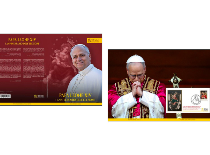 Busta-ricordo, annullo postale speciale e folder, in occasione del I° anniversario dell’elezione di Papa Leone XIV